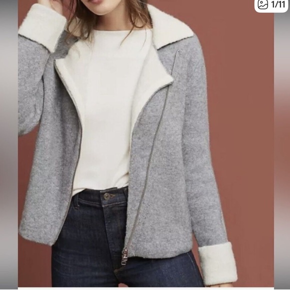 Anthropologie | Cherohala Gray and White Moto Wool Blend Jacket Sweater XL - Picture 1 of 11